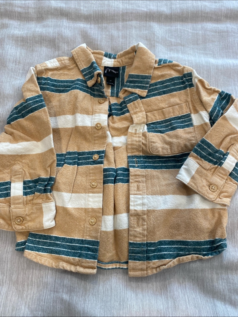 art class Beige, Teal & White Striped Button-Front Kids Shirt